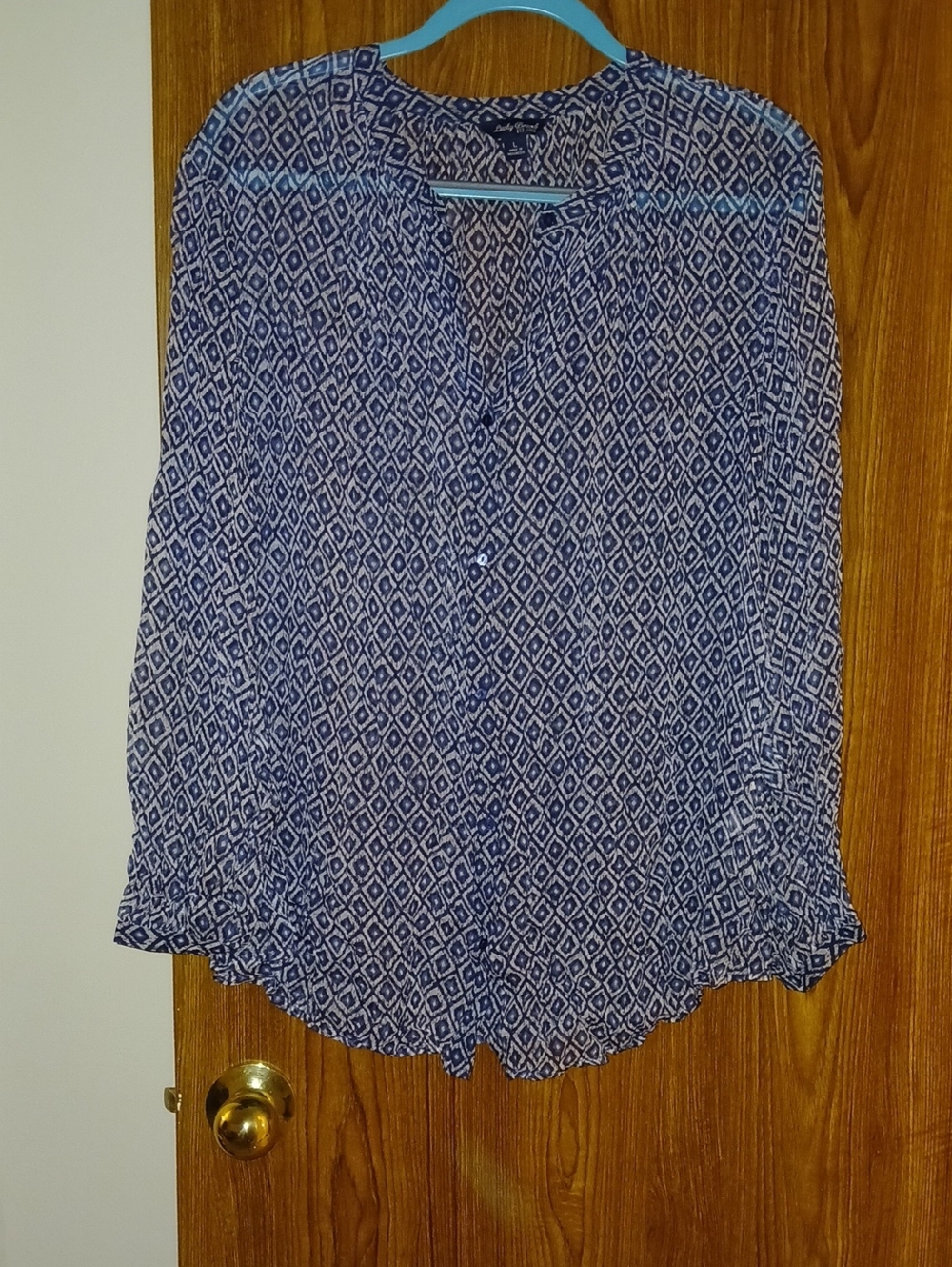 Diamond-Print Blue Long-Sleeve Women's Blouse - Unbranded